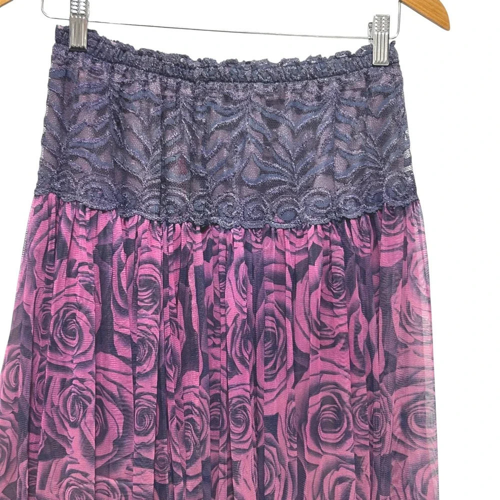 Y2K Womens Whimsygoth Skirt‎ Purple Black Floral Lace Waist Midi Fairygrunge